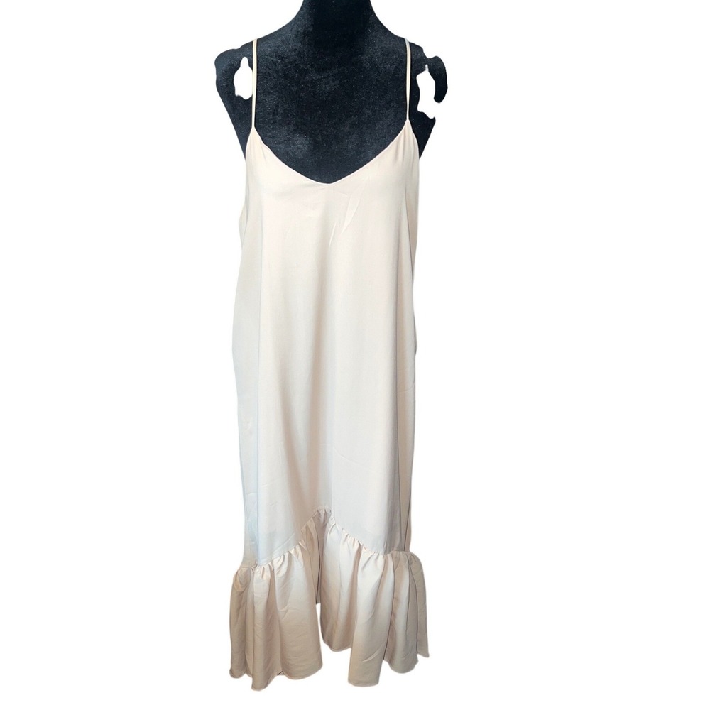 LUCCA Womens Champagne Beige Ruffle Hem V-Neck Slip Midi Dress PDD2224‎ Small
